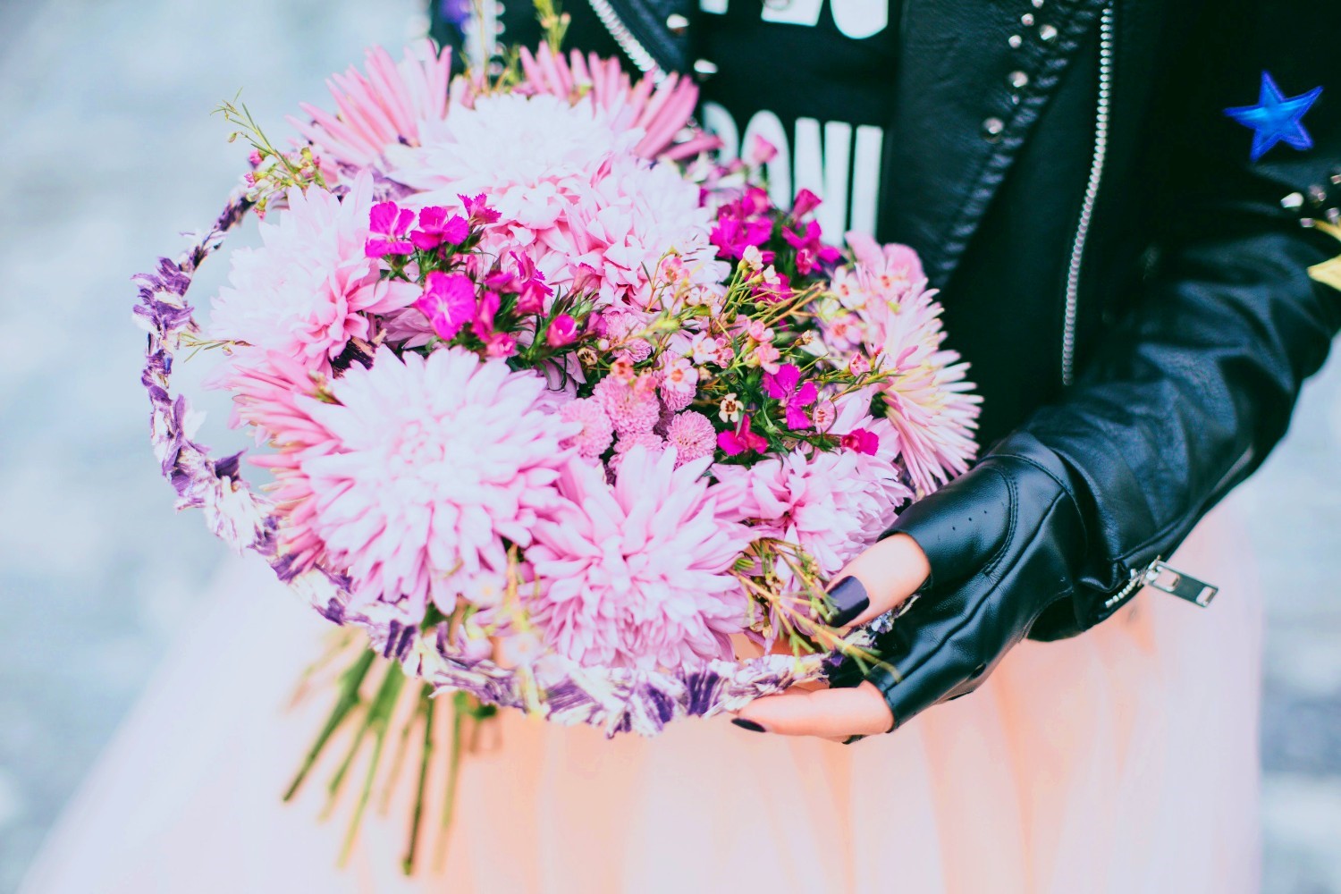 Alternative Leather Jacket Bride with Bouquet